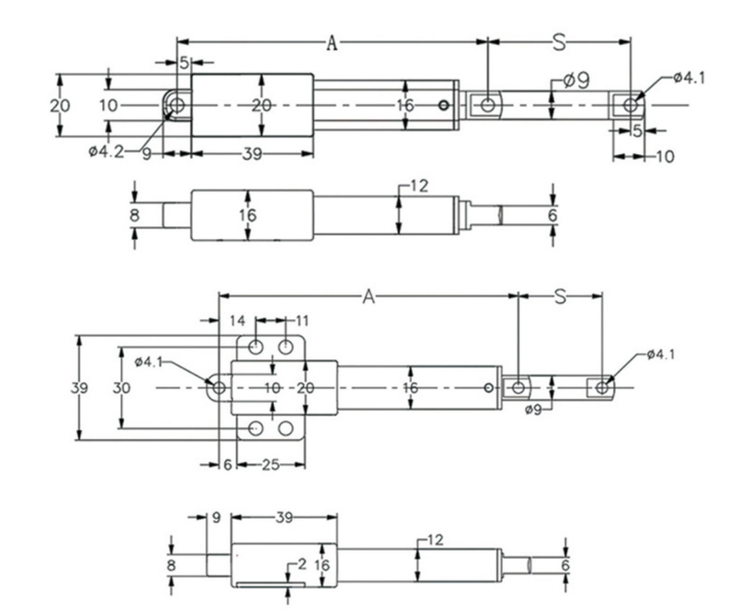 SANXING FD17 compact linear actuator dimension drawing mounting size diagram