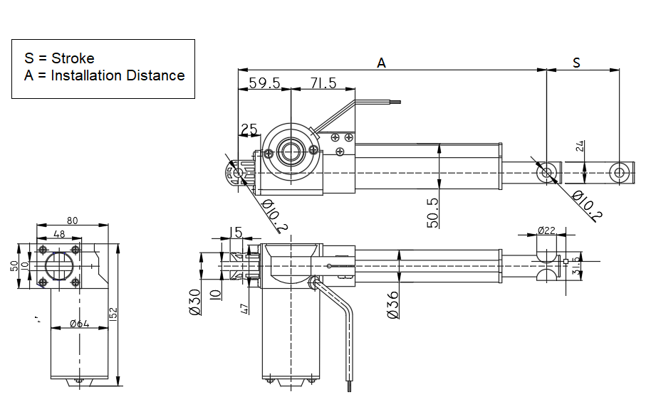 FD1 Linear Actuator technical drawing - dimensions and mounting specifications for 12/24VDC actuator