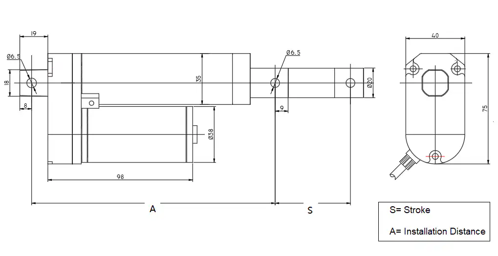 FD5 Metal Gear Mini Linear Actuator installation dimension drawing