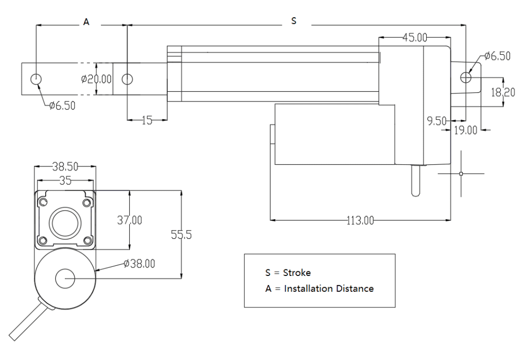 FD10 Compact small Linear Actuator | Custom Stroke & Voltage Available 2 FD10 small linear actuator dimension drawing mounting size diagram