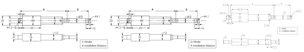 Small waterproof linear actuator FD16,FD17&FD25 dimension engineering drawing layout