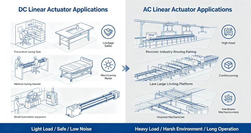 DC vs AC Linear Actuator: 4 Key Differences & Selection Tips 2 Application scenario difference between DC vs AC linear actuator