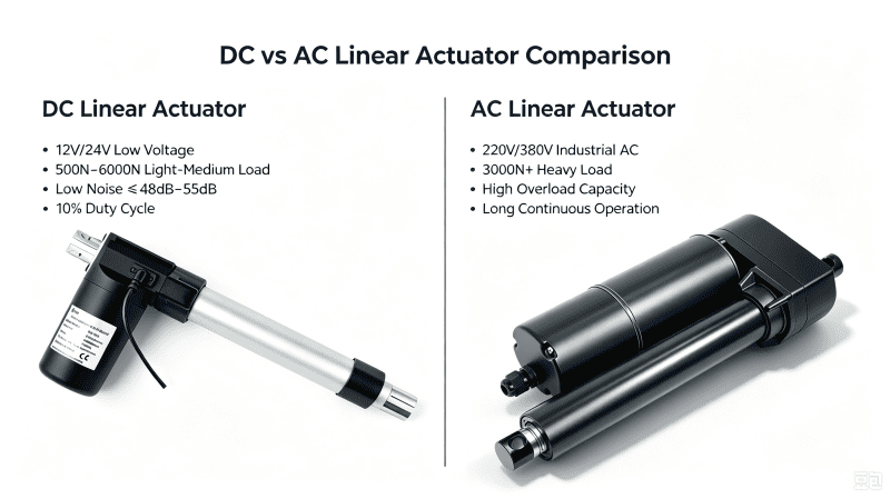DC vs AC Linear Actuator: 4 Key Differences & Selection Tips 1 DC vs AC linear actuator parameter comparison infographic for industrial automation selection