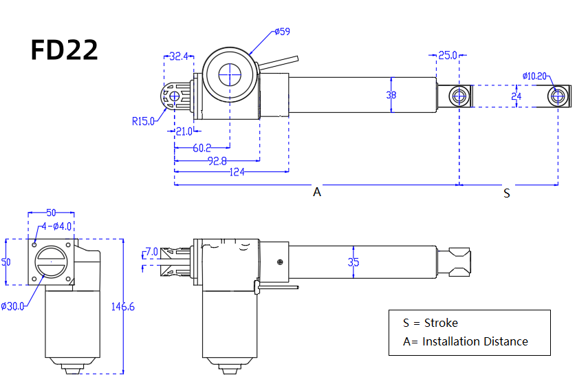 Heavy-Duty Electric Linear Actuator Selection: Load, Stroke & Application Guide 4 Mounting dimensions and clevis pin layout for heavy-duty electric linear actuator selection comparing FD22 models